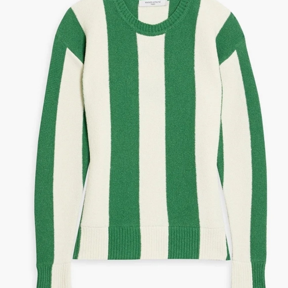 Maison Kitsune - Women's Medium Green and Cream Striped Sweater